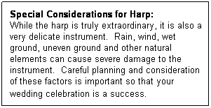 Text Box: Special Considerations for Harp: 
While the harp is truly extraordinary, it is also a very delicate instrument.  Rain, wind, wet ground, uneven ground and other natural elements can cause severe damage to the instrument.  Careful planning and consideration of these factors is important so that your wedding celebration is a success.  
